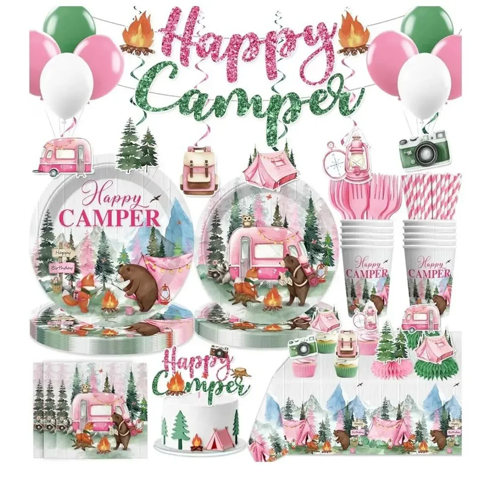 205pcs Camping Birthday Party Decorations Complete Tableware Set for 25 Guests